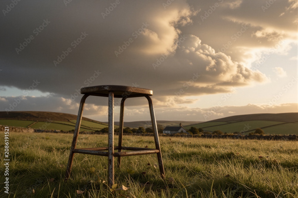 Fototapeta premium A weathered metal stool stands upright in a grassy field, surrounded by rolling green hills and dramatic storm clouds.