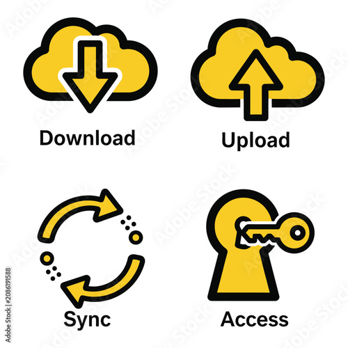 Vector art of four cloud computing icons illustrating download, upload, sync, and access