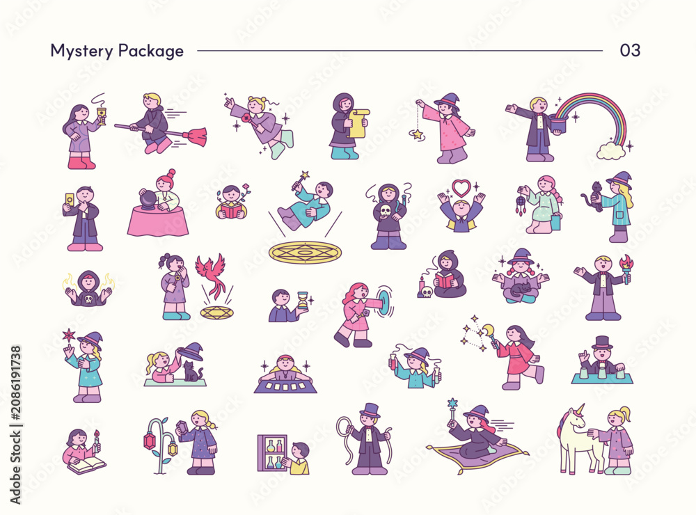 Obraz premium Minimal mystery character collection featuring witches, magic, fortune telling, spells, magical creatures, fantasy, and mystical illustrations.