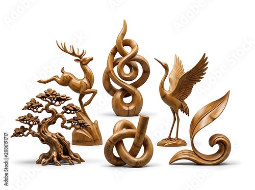 Artistic collection of bamboo wood carvings and abstract sculptures set.