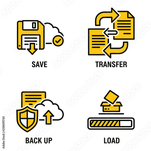 Vector art of four yellow icons illustrating save, transfer, backup, and load functions