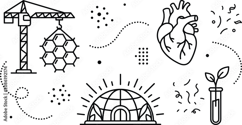 Fototapeta premium Biotechnology research future bioengineering and organic structure concept line art icons vector illustration set