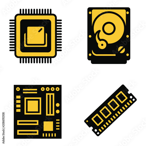Vector art of set of four computer hardware icons including a cpu, hard drive, motherboard, and ram stick