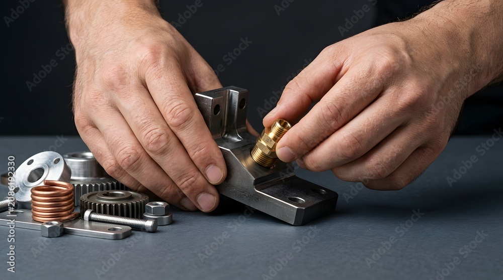 Fototapeta premium Close up of mechanic hands assembling industrial mechanical metal components.
