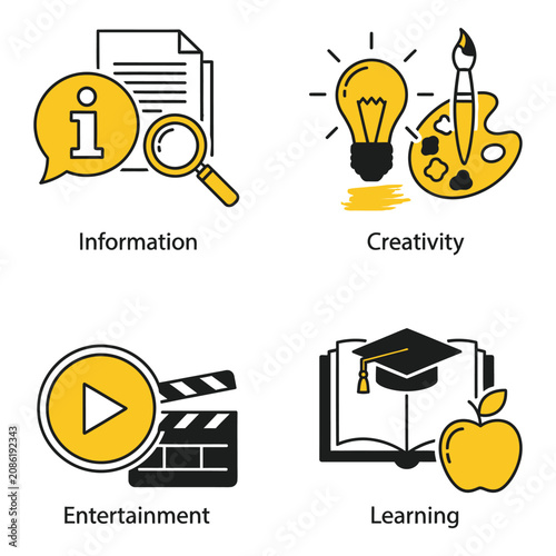 Vector art of four concept icons information, creativity, entertainment, and learning