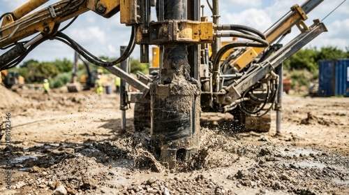 Industrial drilling rig machine boring into muddy ground at construction site