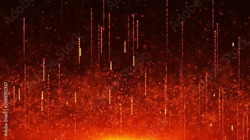 Fiery digital rain, glowing red and orange particles, energetic visual effect for presentations and motion graphics