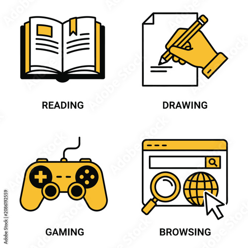 Vector art of four icons representing leisure activities reading, drawing, gaming, and browsing