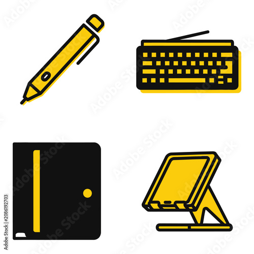 Vector art of collection of four modern digital device icons stylus pen, keyboard, wallet, and tablet stand