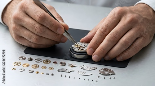 Watchmaker repairing a luxury mechanical watch movement with tweezers.