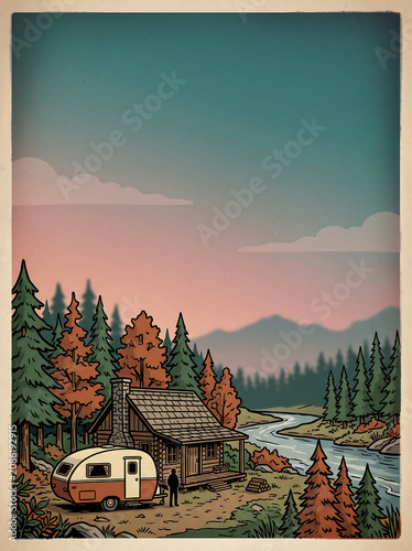 Cabin and vintage camper trailer by a river in autumn forest for Poster Background