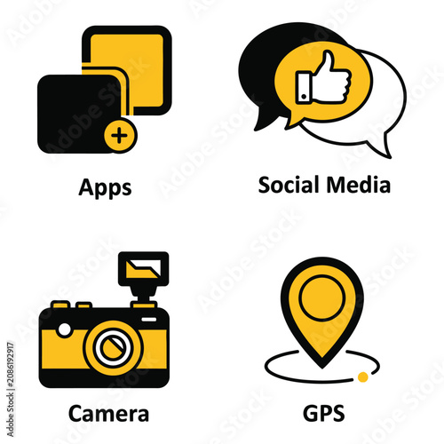 Vector art of four yellow and black icons illustrating mobile app functions apps, social media, camera, and gps