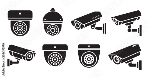 Quadro su tela Set of surveillance camera icons featuring various dome and bullet style security equipment for home monitoring