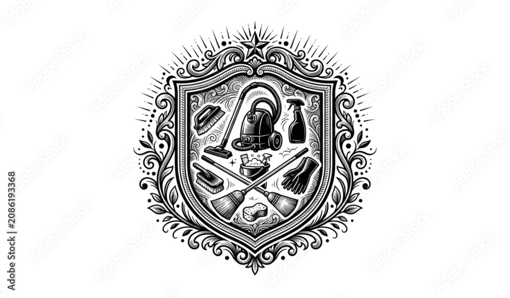Obraz premium Retro Housekeeping Emblem with Cleaning Tools Vintage Vector Badge for Logo and Print