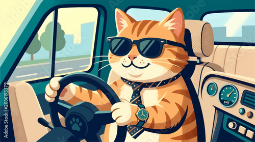 Foto Cute Cartoon Tabby Cat Wearing Sunglasses and Classic Tie, Driving a Car with Pa