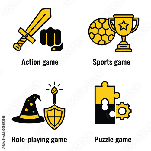 Vector art of four flat design icons illustrating different game genres action, sports, roleplaying, and puzzle