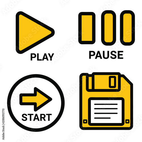 Vector art of set of yellow and black icons for media control and saving