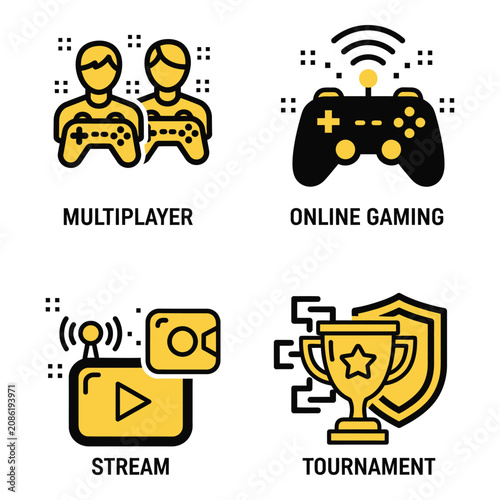Vector art of four flat design icons illustrating different aspects of video gaming multiplayer, online gaming, streaming, and tournaments
