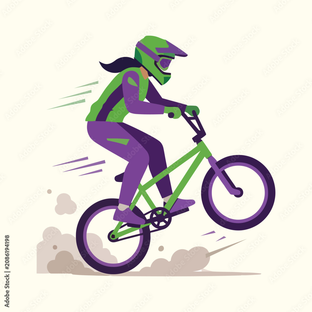 Obraz premium Female BMX Rider Doing Wheelie Stunt On Dirt Bike With Helmet And Protective Gear