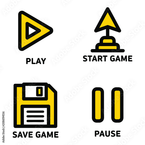 Vector art of set of four flat game icons play, start game, save game, and pause