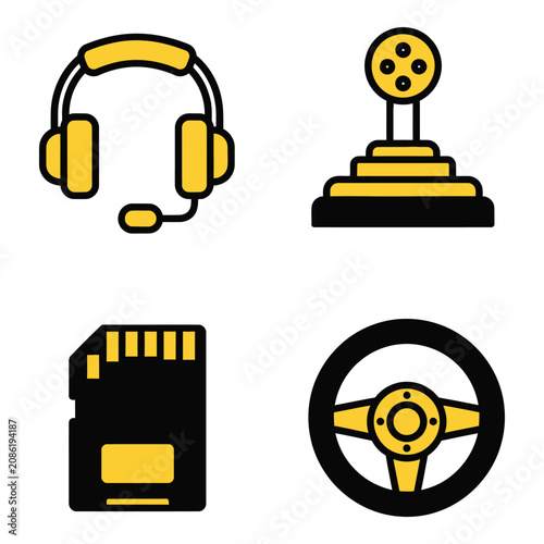Vector art of four flat gaming accessory icons headset, joystick, sd card, and steering wheel