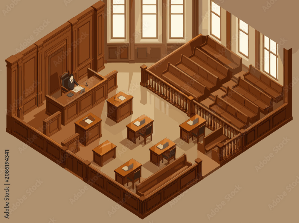 Obraz premium Judge Presiding over Courtroom Proceedings From Elevated Isometric View