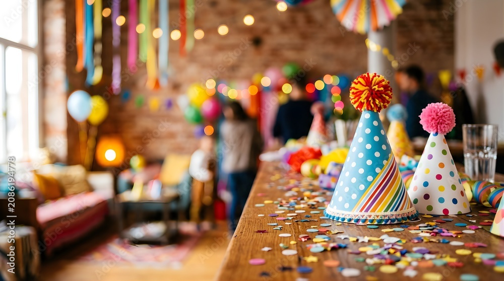 Fototapeta premium Festive paper hats and confetti on a wooden table at a home celebration