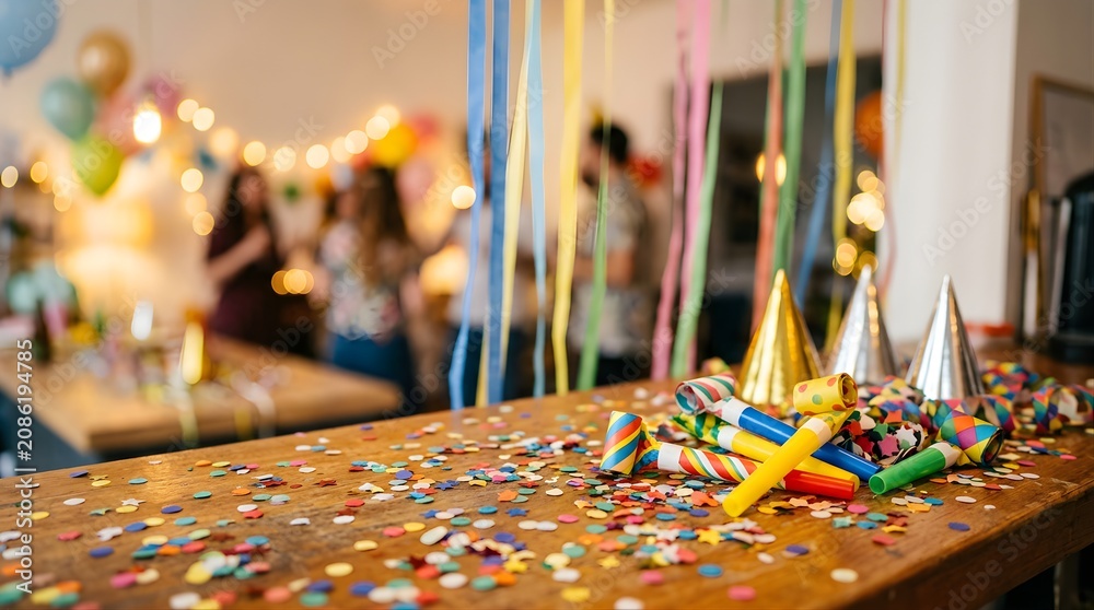 Fototapeta premium Festive party accessories with confetti on wooden table at celebration