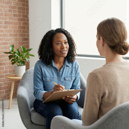 Professional Therapist Taking Notes During Mental Health Counseling Session With Female Patient