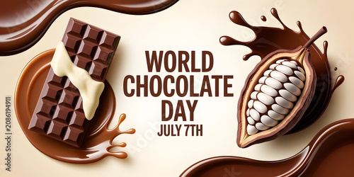 Flat lay composition of artisan dark chocolate bar with cocoa beans and whipped cream on wooden board for celebration