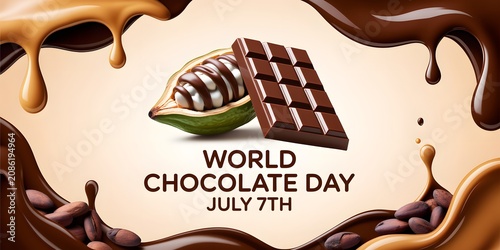 Glossy Dark Chocolate Bar with Melted Drizzle on World Chocolate Day Celebration Background
