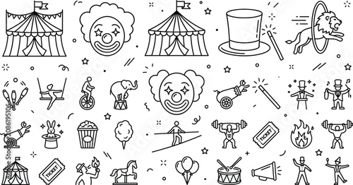 Cuadro en lienzo Circus carnival entertainment line icons set with big top tent clown face magici
