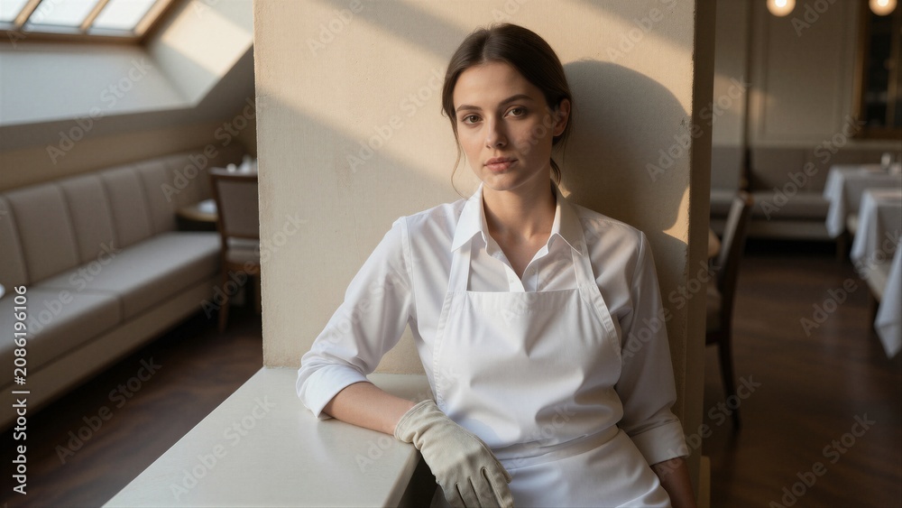Fototapeta premium A woman in a white chef's uniform leans against a wall in a modern restaurant setting, exuding calm and professionalism.