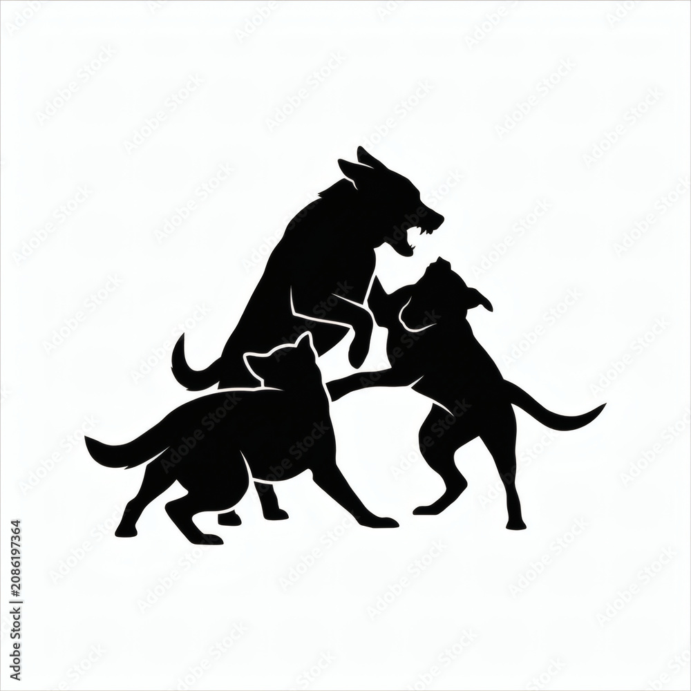 Fototapeta premium Aggressive dogs fighting silhouette on white background, conflict and fierce competition concept, AI generated