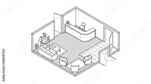 Office reception area with seating and reception desk isometric sketch.