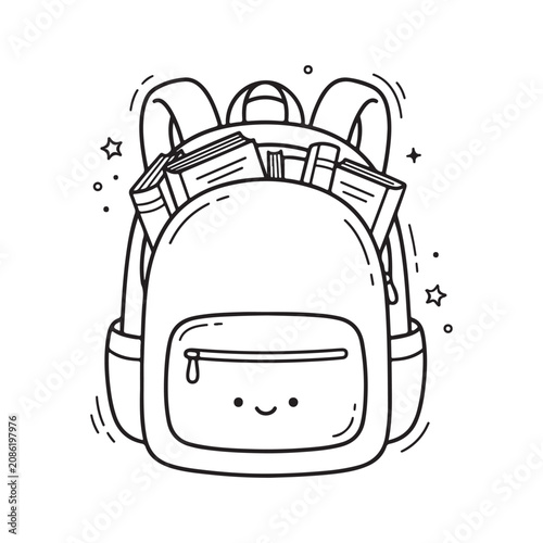 Smiling cartoon backpack with books inside.