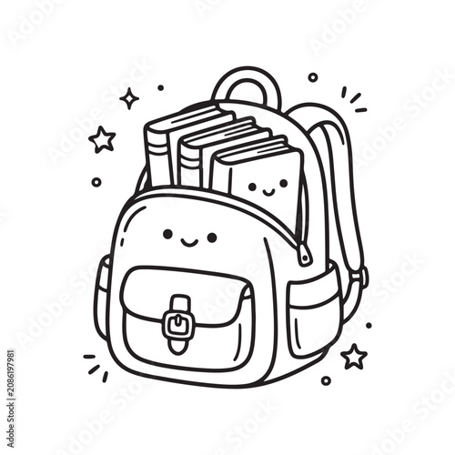 Smiling cartoon backpack with books inside.