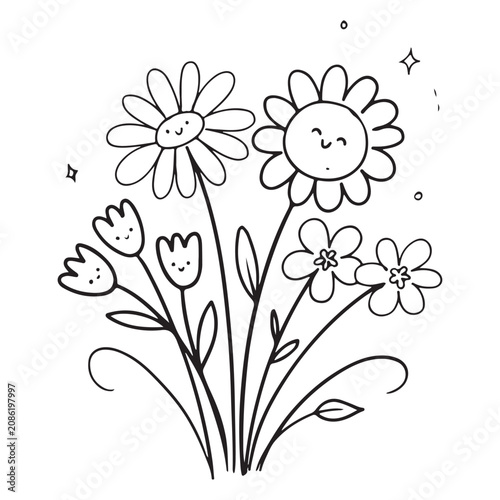 Colorful cartoon smiling flower bouquet.