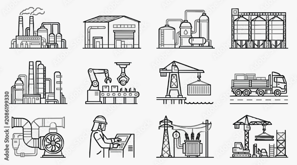 Obraz premium Sleek Black and White Line Art Illustrations of Industrial and Manufacturing Icons Featuring Factories Machinery and Workers