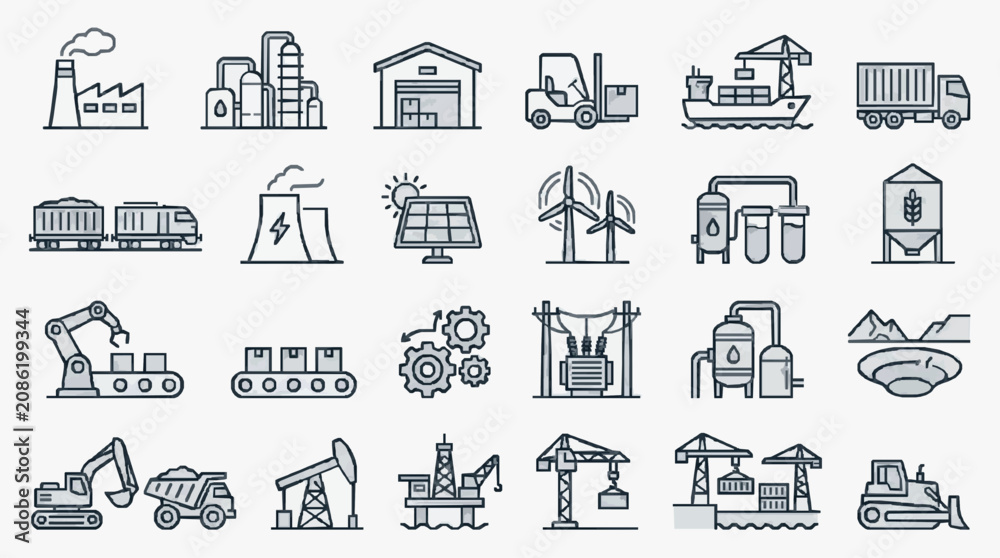 Fototapeta premium Modern Monochrome Line Icons Set Featuring Industrial Manufacturing Energy and Construction Equipment