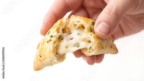 Hand holding a freshly baked savory pastry with melted cheese pull.