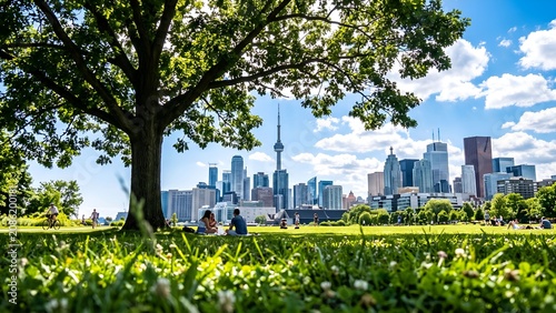 People sitting under a large tree in a park with the Toronto skyline in the background.