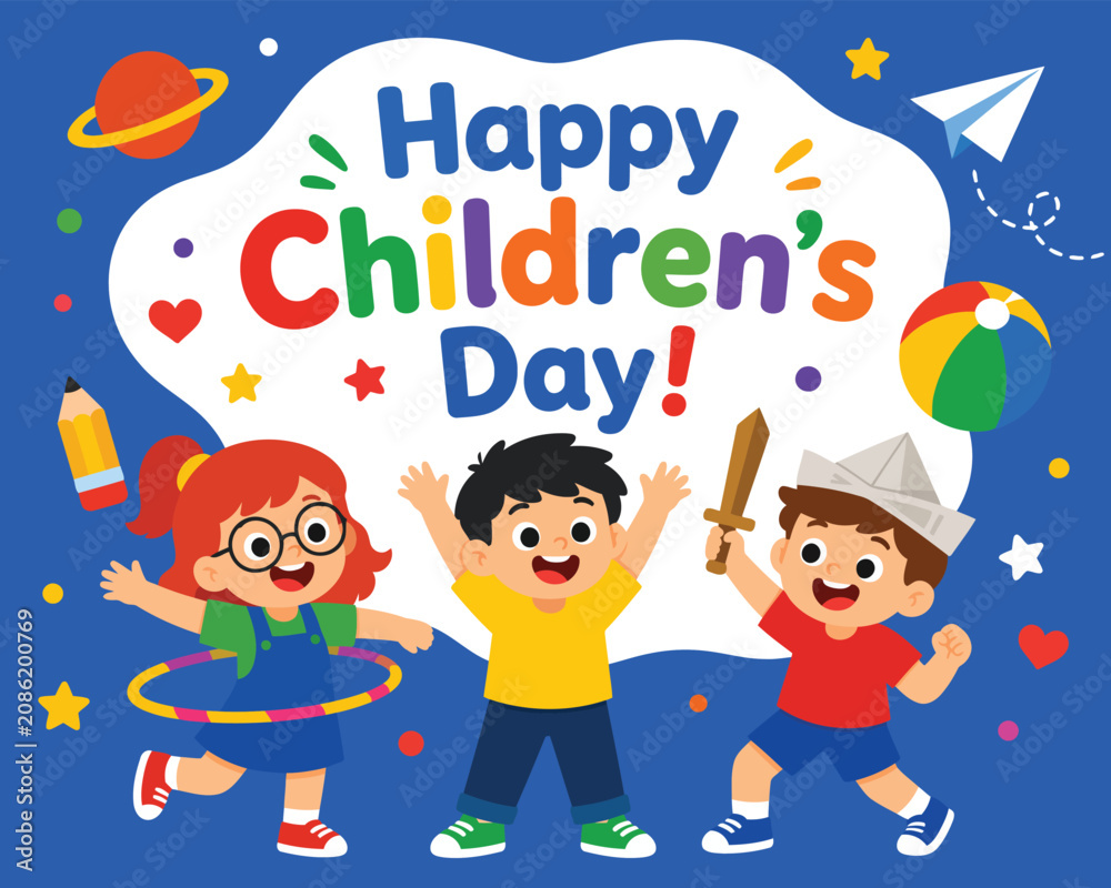 Fototapeta premium Happy Childrens Day Celebration Vector Illustration with Playful Diverse Kids and Colorful School Elements for Education Poster and Banner