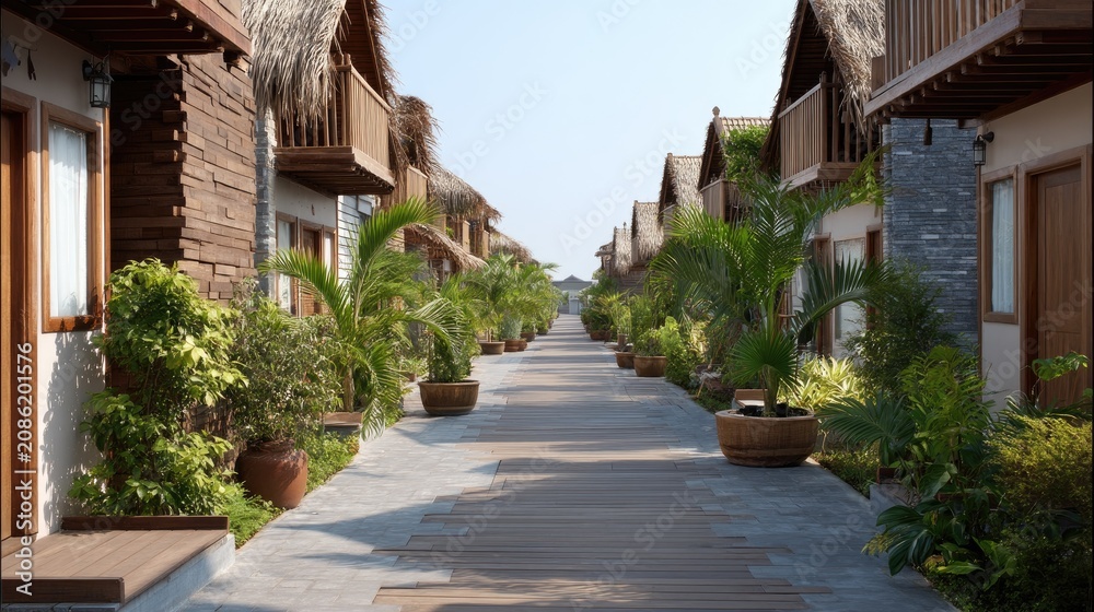 Fototapeta premium Tranquil Pathway through Tropical Resort with Lush Greenery and Cozy Bungalows under Bright Blue Sky