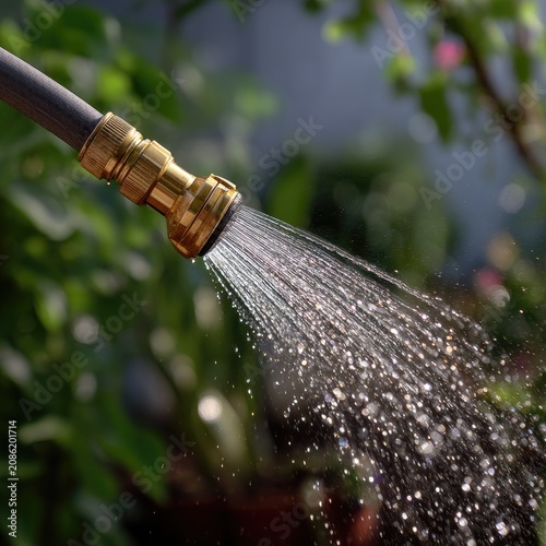 Close-Up Image of a Water Hose Spraying Water with Focus on Nozzle and Droplet Formation in Natural Garden Setting