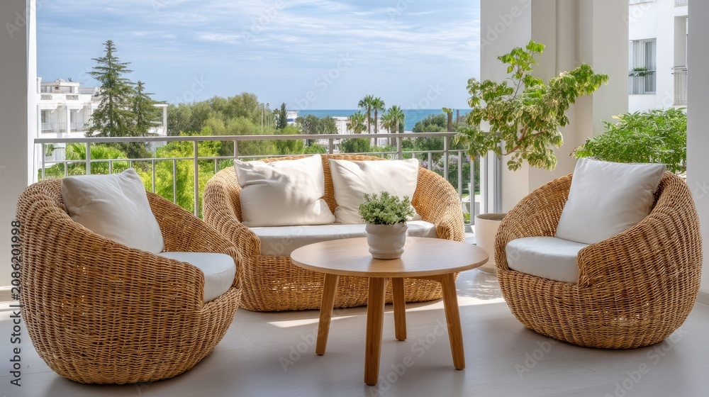 Fototapeta premium Cozy Outdoor Seating Area with Rattan Furniture Overlooking Scenic Ocean View in Bright Daylight
