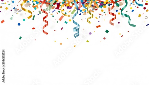 Colorful confetti and curling ribbons isolated on a transparent background.
