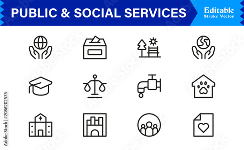 Public and social services line icon set featuring modern, minimal, pixel-perfect vector symbols designed for clarity and premium presentation.