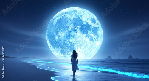 Woman walking on a beach at night under a giant glowing full moon in a serene atmosphere
