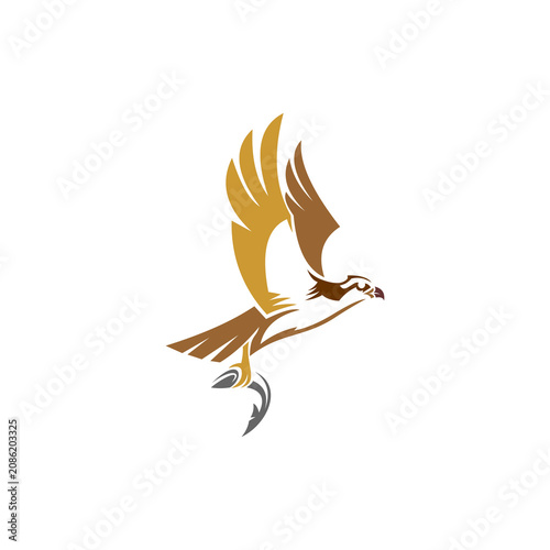 A stylized, modern vector illustration of an osprey (or bird of prey) in flight while carrying a fish, representing nature, wildlife, hunting, marine life, and outdoor adventure.